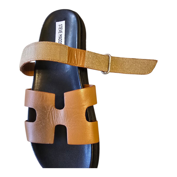 Steve Madden Mayven Leather Sandals Womens Size 8M Cognac Black Slide - Picture 6 of 11